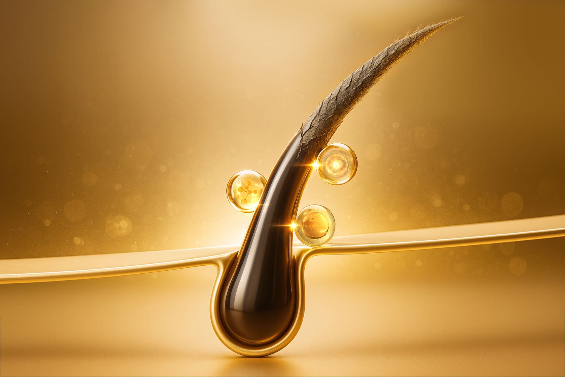 Luxurious 3D render of golden serum micro-droplets enveloping a healthy hair root